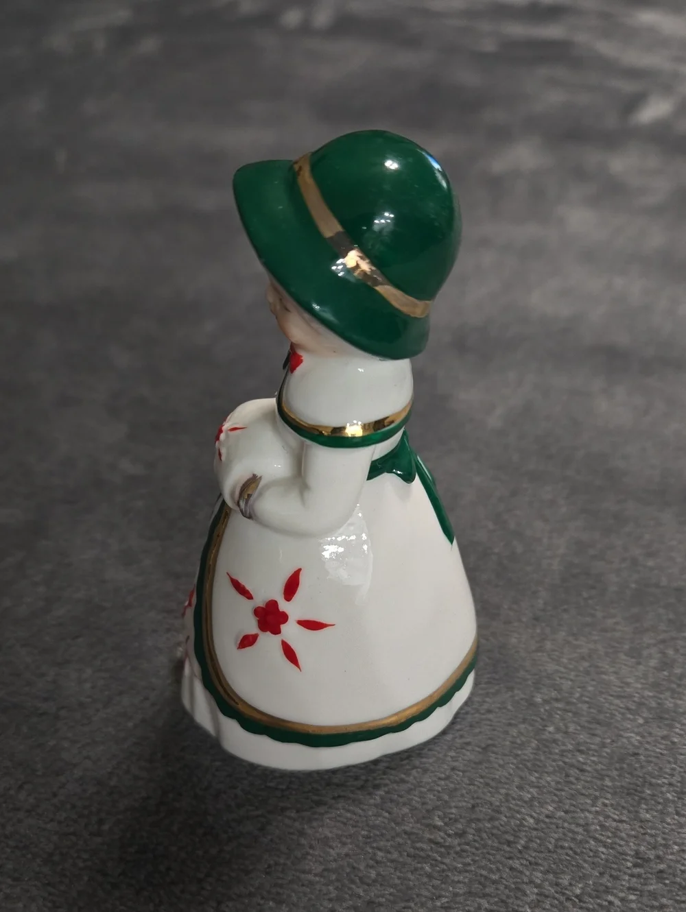 Vintage Christmas Winter Porcelain Lady Bell Green/White/Red